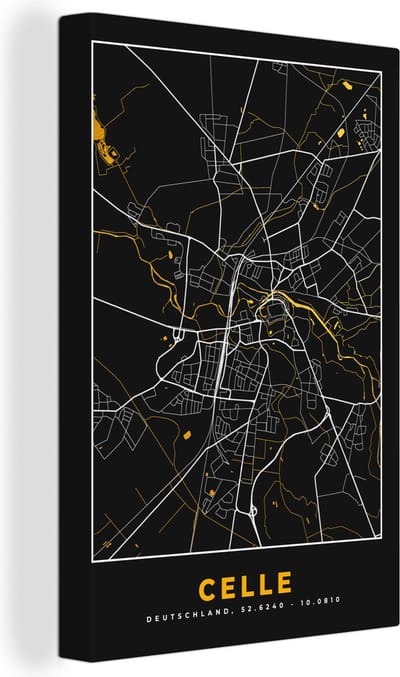 Canvas Schilderij Duitsland – Black and Gold – Celle – Stadskaart – Kaart – Plattegrond - 20x30 cm - Wanddecoratie