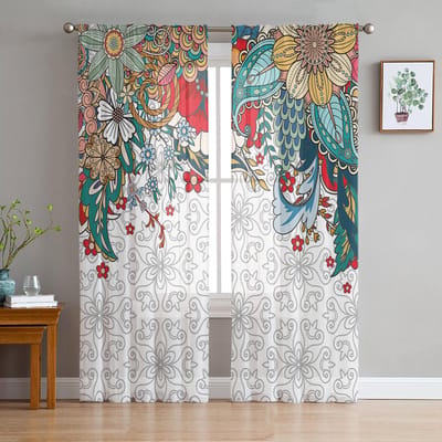 Boheemse Abstracte Stijl Bloemen Planten Slaapkamer Gordijnen Tule Transparant Gordijn Woonkamer Huisdecoratie Voile Draperieën 135W x 114H(cm) black