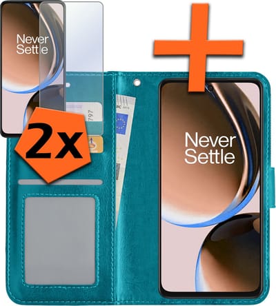 Hoes - Met 2x Screenprotector - Geschikt voor OnePlus Nord CE 3 Lite - Luxe Pasjeshouder - Bookcase Portemonee - Flip Case - Kunstleer Book Case - Flipcase Hoes - Book Cover - Walletcase - PortemonneeHoes - Turquoise