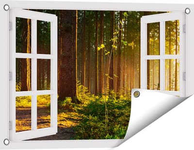 Gards Tuinposter Doorkijk Bos met Zon tussen de Bomen - 60x40 cm - Tuindoek - Tuindecoratie - Wanddecoratie buiten - Tuinschilderij