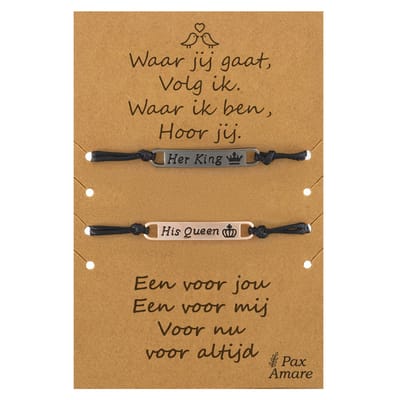 Vriendschapsarmbandjes voor 2 "Waar jij gaat, volg ik" - Her King His Queen - BFF Armbandjes met Persoonlijk Cadeau Kaartje - Zwart & Rosé Goud - Elastisch Verstelbaar - Pax Amare
