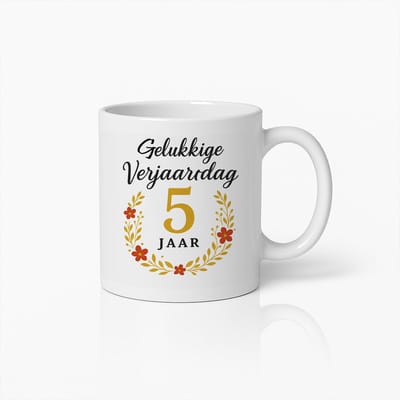 Gelukkige 5e Verjaardag Mok 330ml – Prachtige Bloemen Jubileum Koffiemok – Perfect Cadeau voor Kinderen en Feestdagen