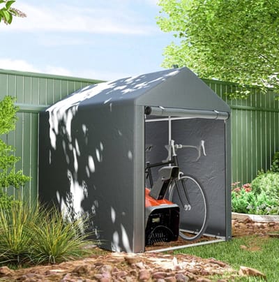 MEUNIQ Opslagtent 120 x 179 x 165 cm met stalen frame en PE-zeil, tuinschuur voor fietsen, motor of gereedschap, donkergrijs