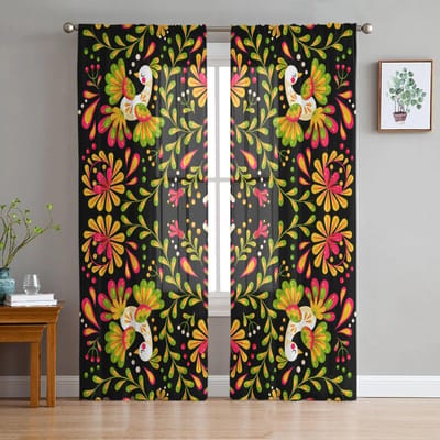 Mexicaanse Geometrische Bloem Vogels Slaapkamer Transparante Sheergordijnen Vakantiedecoratie Raam Voile Tule Gordijn 135W x 114H(cm) yellow