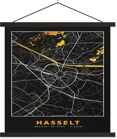 Posterhanger incl. Poster 60x60 cm - Schoolplaat - Plattegrond - Hasselt - Kaart - Stadskaart - Goud - Textielposter - Zwarte latten - Stadskaart