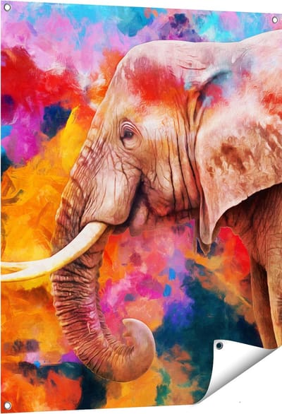 Gards Tuinposter Kleurrijke Olifant - Abstract - 80x100 cm - Tuindoek - Tuindecoratie - Wanddecoratie buiten - Tuinschilderij