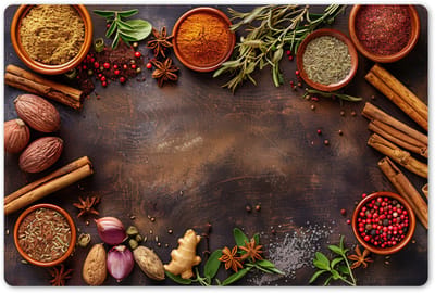 Placemats 45x30 cm - Placemat kunststof - 1 stuk - Specerijen - Kruiden - Kaneelstokjes - Hout print - Borden onderleggers - Decoratie voor op tafel - Keuken tafeldecoratie accessoires - Vinyl onderlegger - Tafelversiering