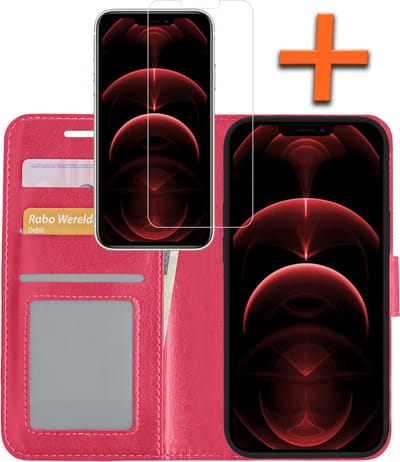 Hoes - Met Screenprotector - Geschikt voor Apple iPhone 14 - Luxe Pasjeshouder - Bookcase Portemonee - Flip Case - Kunstleer Book Case - Flipcase - Book Cover - Walletcase - PortemonneeHoes - Donkerroze