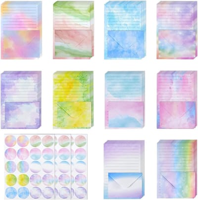 Kleurrijk aquarelbriefpapierset met 160 stuks, inclusief gelinieerd briefpapier, enveloppen en stickers voor creatieve meisjes