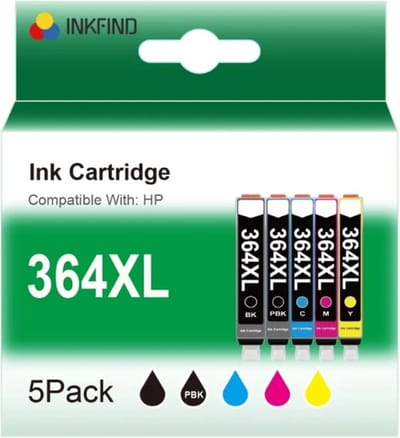 INKFIND 364XL voor HP364XL van 5 stuks (foto Zwart, Zwart, Cyaan, Magenta, Geel); foto Zwart alleen geschikt voor HP 5-kleurenprinters (met PBK), de houder voor fotozwart is dunner dan de zwarte cartridges, HP CB322EE CB321EE CB323EE CB324EE CB325EE