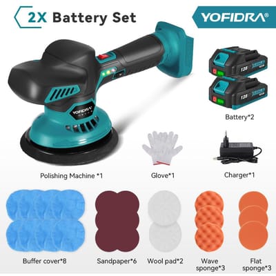YOFIDRA 6 Versnellingen Autopoetsmachine 7000rpm Elektrisch Polijsten Automobiel Polijsten Sealen Glazuur Machine Roterend Gereedschap Voor 21V 18V Accu 2xBattery- EU Plug