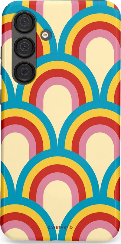 Casetastic hoesje geschikt voor Samsung Galaxy S25 Plus - Dubbellaagse bescherming - Retro regenboog - Fashion Case - Lichtblauw Crème Goud Rood