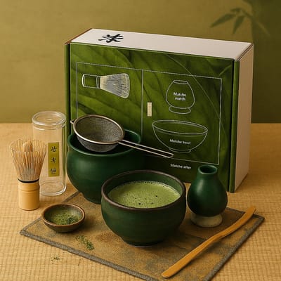 Parya Matcha – Matcha Set – Matcha Thee Set Compleet – 8-Delig set - Inclusief Matcha Kom – Bamboe Klopper – Klopperhouder – Zeefje – Lepel – Mat – Keramiek – Donkergroen – Luxe Geschenkdoos