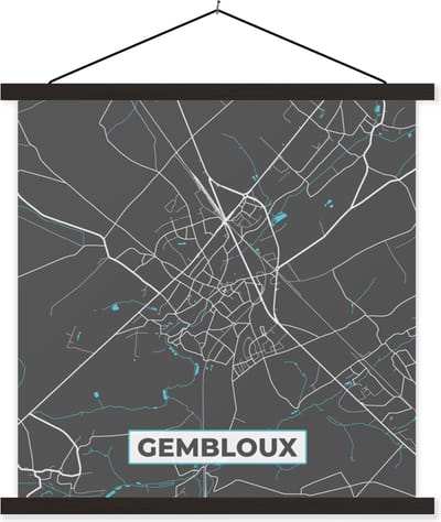 Posterhanger incl. Poster 60x60 cm - Schoolplaat - België – Gembloux – Stadskaart – Kaart – Blauw – Plattegrond - Textielposter - Zwarte latten - Stadskaart
