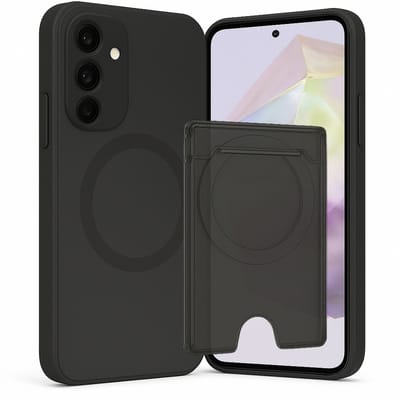 SnapSkin Hoesje & Pasjeshouder geschikt voor Samsung Galaxy A55 / A35 - Geschikt voor MagSafe Case - Magnetische Kaarthouder - Semi-Transparant Zwart