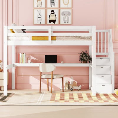 VVBV Ruimtebesparende Hoogslaper 140x200 cm met Lades, Bureau - Voor Kinderen/Tieners, Opbergruimte - Wit