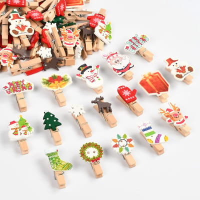 Dailygoods - Kersthouten Clips - 50 Stuks Mini Hout Handwerk Wasknijpers met Diverse Patronen