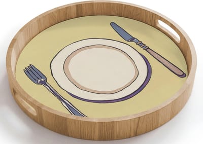 Dienblad rond 40x40 cm - Schootdienblad hout - Illustratie - Bord - Bestek - Beige - Borrelplank rechthoek - Plateau houten dienbladen