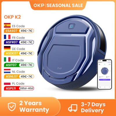 OKP K2 Robotstofzuiger 2000Pa Zuigkracht Robotstofzuiger met App/Alexa/Google-bediening Borstelloos Geen klitten Automatisch opladen
