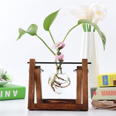Vintage Glazen Vaas Transparante Hydroponische Plantenvaas met Houten Standaard voor Tafelblad Huisdecoratie white