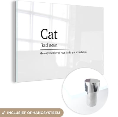 MuchoWow® Glasschilderij 120x80 cm - Schilderij acrylglas - Cat - Spreuken - Quotes - Kat definitie - Woordenboek - Foto op glas - Schilderijen