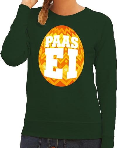 Groene Paas sweater met oranje paasei - Pasen trui voor dames - Pasen kleding XS