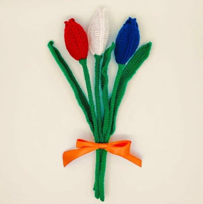 Luna-Leena duurzaam Hollands tulpenboeket in rood, wit en blauw - wol - 3 tulpen bloemen - hand gehaakt in Nepal - hand gehaakt in Nepal - Dutch tulips souvenir - jubileum - geboorte - trouwdag - beterschap - verjaardag - tulpen uit Amsterdam