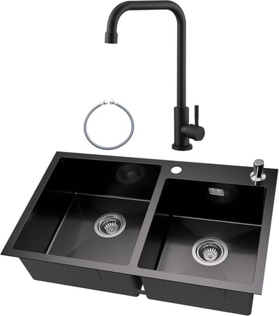Auralum MAX Dubbele Spoelbak (75x45cm) Antraciet - Spoelbak Keuken Met Koudwaterkraan - Duurzaam, Veelzijdig en Geluiddempend - Met zeepdispenser 300ml en Waterafvoersysteem