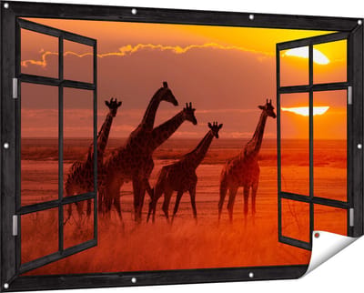 Gards Tuinposter Doorkijk Giraffe Kudde bij Zonsondergang - 150x100 cm - Tuindoek - Tuindecoratie - Wanddecoratie buiten - Tuinschilderij