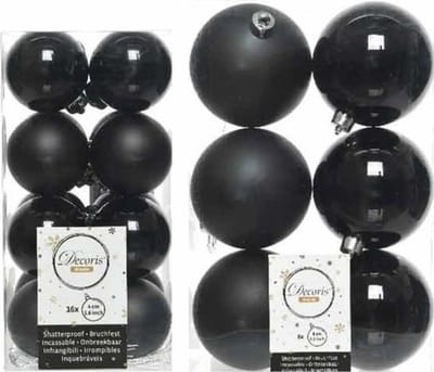 Set van 16x zwarte kerstballen 4 cm / 6x kerstballen 8 cm kunststof mat/gkunststof mat/glans- Onbreekbare plastic kerstballen - Kerstboomversiering zwart