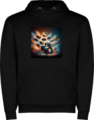 Zwarte unisex hoodie met “ Kleurrijke Drumstel – Muziek – Trommel – Festival “ Print Full Color Color merk Roly maat S
