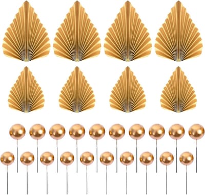 Cake toppers goud 48 stuks - papieren palmbladeren en ronde ballen - perfecte decoratie voor bruiloften - SnelShoppen
