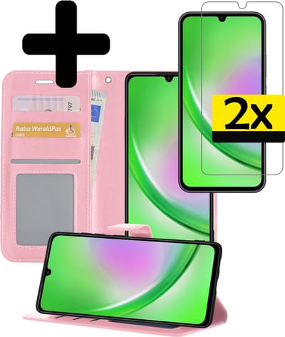 Hoesje - Met 2x Screenprotector - Geschikt voor Samsung Galaxy A34 - Luxe Pasjeshouder - Bookcase Portemonee - Flip Case - Kunstleer Book Case - Flipcase Hoes - Book Cover - Walletcase - Portemonneehoes - Telefoonhoesjes - Lichtroze
