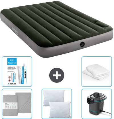 Intex Luchtbed - Twijfelaar - 137 x 191 x 25 cm - Groen - Inclusief Hoeslaken - Kussen - Pomp - Reparatieset en Kussenbeschermer