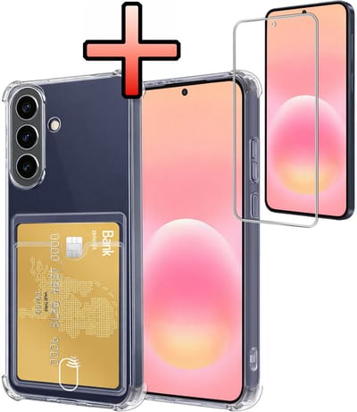 Hoesje - Geschikt voor Samsung Galaxy A57 - Met Screenprotector - En Pashouder - En Kaarthouder - Telefoon Hoes Shockproof - Siliconen Case - Back Cover - Shock Proof - Pasjes Houder - Transparant