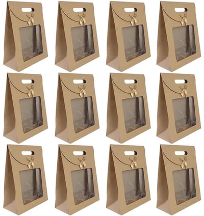 Dailygoods - 20 Stuks Bruine Papieren Zakken Met Venster en Handvat, Cadeauzakjes Voor Het Verpakken Van Snoep, Koekjes, Snacks, 20 x 14 x 7