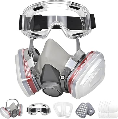 Adembeschermingsmasker voor spuitverf en houtbewerking met transparante bril en 10 reservefilters