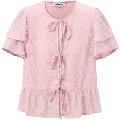 Gimme - Elegant Tie-Up Top – Korte Mouwen Blouse – Modieuze Effen Top met Ruches - Wit - Maat S