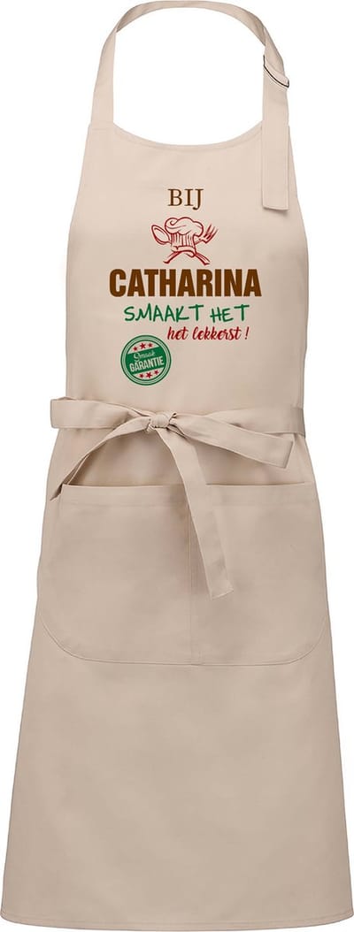 Naamcadeau - Naamschort - Keukenschort met je naam - Kookschort - verjaardag - moederdag - beige - het smaakt het lekkerst bij: Catharina