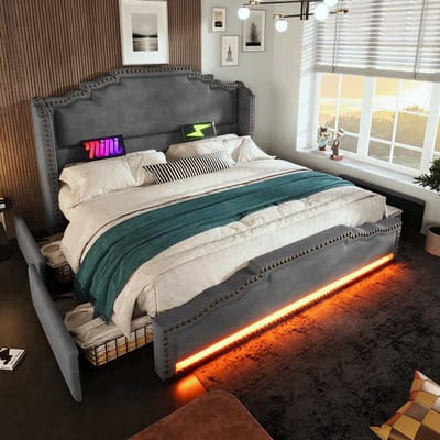 BLACKCOLORS Gestoffeerd bed 160×200, tweepersoonsbed met 4 lades, ledverlichting en USB-C-oplaadpoort, bed met opbergruimte en tienerbed met lattenbodem, fluweel, grijs, zonder matras