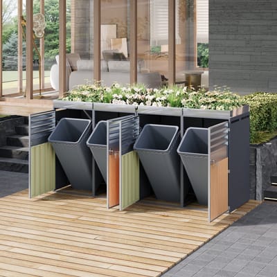 Wishdor - Afvalcontainerkast - Afsluitbaar Met 4 Deuren En Plantenbak - Industrieel - Voor Buiten - Staal - Grijs Met Houtlook
