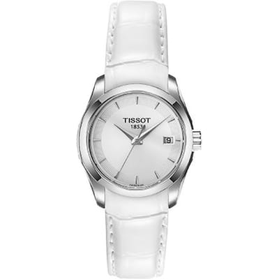 Tissot Couturier Quartz Waterdicht Datumweergave Horloge 32Mm Wit Wijzerplaat Roestvrijstalen Kast Lederen Band Dameshorloges T035.210.16.031.00 Regular Watch Box,White Dial gray