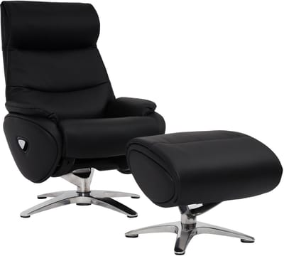 Relaxfauteuil met hocker MCW-K98, TV-fauteuil, relaxfunctie, draaibaar, metaal echt leer/kunstleer ~ zwart