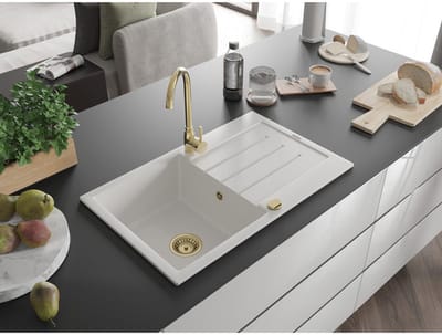 Mexen Bruno granieten gootsteen met 1 bak en afdruiprek 795 x 495 , wit, gouden sifon - 6513791010-20-G