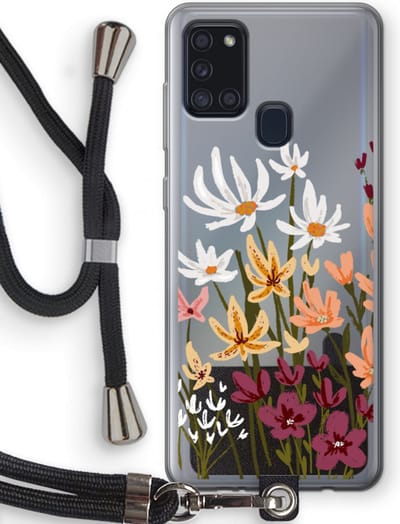 Case Company® - Hoesje met koord geschikt voor Samsung Galaxy A21s hoesje met Koord - Painted wildflowers - Telefoonhoesje met Zwart Koord - Bescherming aan alle Kanten en Over de Schermrand