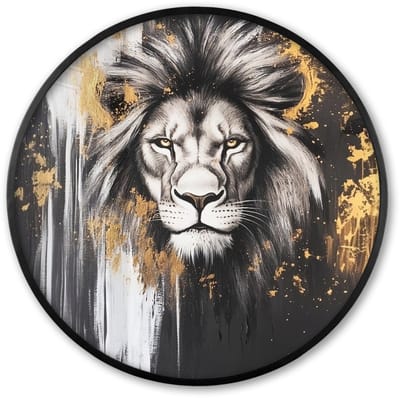 Poster in lijst Rond - Fotolijst 60x60 cm - Posters - Leeuw - Portret - Verfspatten - Grijs - Ronde posterlijst zwart - Decoratie - Wanddecoratie woonkamer - Muurdecoratie slaapkamer