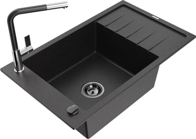 Mexen Elias granieten gootsteen 1-komparty met afdruiprek en keukenkraan Flora, zwart/zilver metallic - 6511-73-670401-07-B