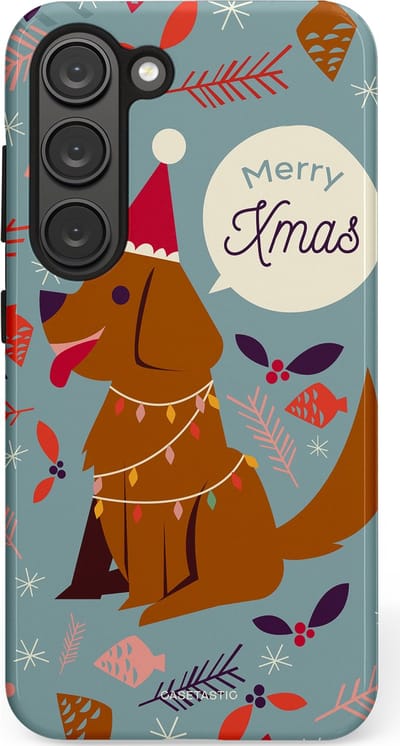Casetastic hoesje geschikt voor Samsung Galaxy S23 - Dubbellaagse bescherming - Merry Christmas Hond - Fashion Case - Zilver Bruin Saliegroen Rood