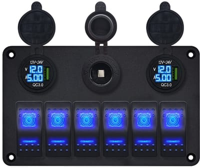 ProRide Schakelpaneel 12V voor Auto/Boot - USB Stopcontact met Voltmeter/Ampèremeter - QC3.0 - 6 schakelaars + 12V/24V stopcontact