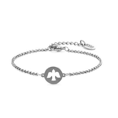 CO88 Collection 8CB-91242 Stalen Jasseron Armbandje met Duif Hangertje - 12mm Doorsnee - Vogel - Jasseron - 2mm - 16+3cm - Staal - Zilverkleurig